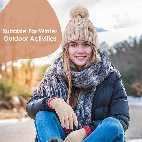 Women\'s Oat Winter Knit Warm Hat Beanie Gloves Set Pom Fleece Lined Hat main image 6